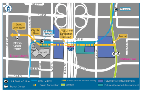 Map of the Grand Connection Crossing starting at Bellevue City Hall Plaza extending over I-405 and ending at the connection point with the Eastrail regional trail.