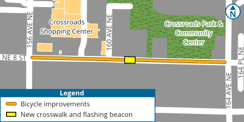 Map indicating where safety improvements will be made on NE 8th Street between 156th and 164th avenues NE, including the new crosswalk just east of 160th Avenue NE