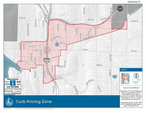 Paid Parking Location Map shows the locations throughout downtown, Old Bellevue, Wilburton and Spring District where paid parking is approved.