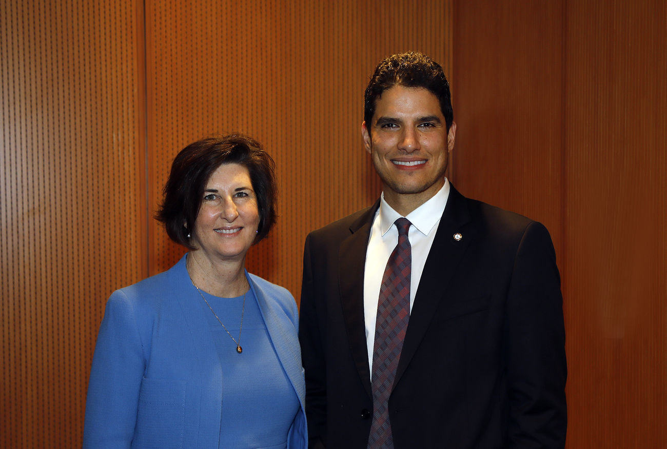 Mayor Lynne Robinson and Deputy Mayor Mo Malakoutian take a stand at City Hall.