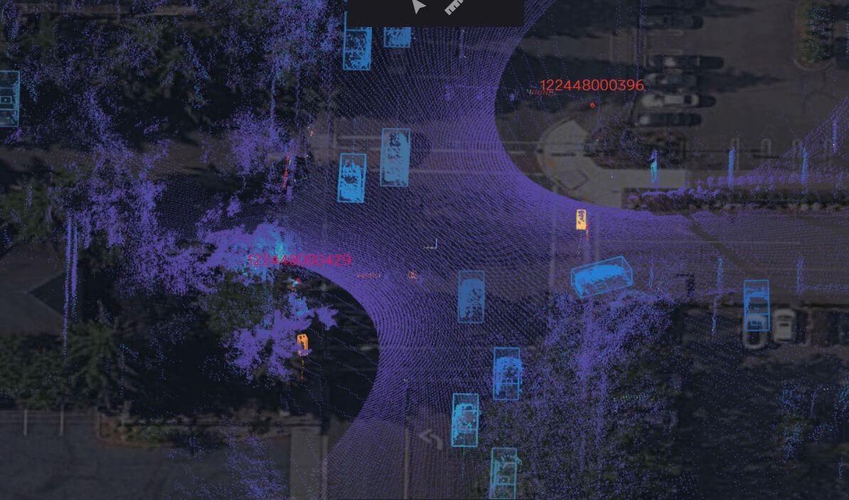 Sample LIDAR image of a street, with light blue shapes being cars.