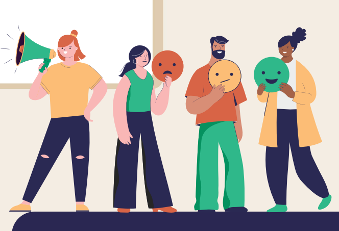 Four people stand in a row in playful poses.