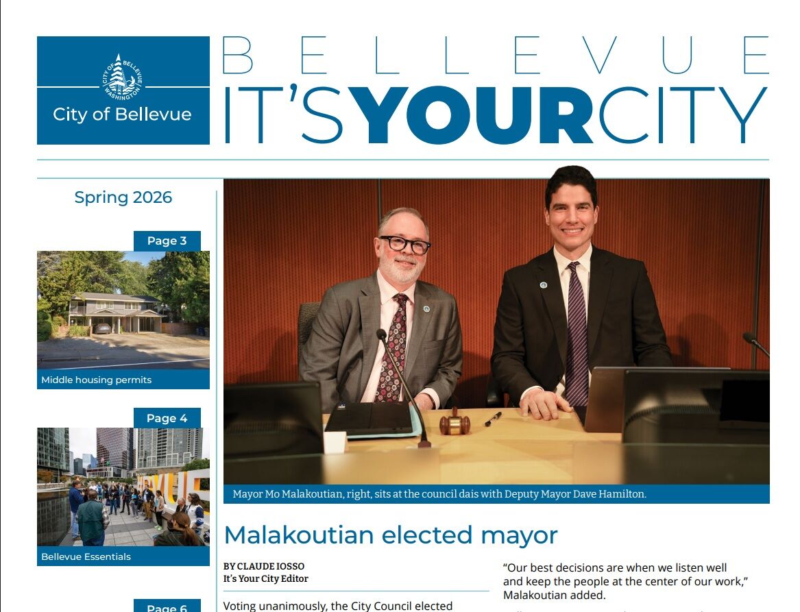 Front page of the spring 2026 issue of It's Your City, with photo of Mayor Malakoutian and Deputy Mayor Hamilton 