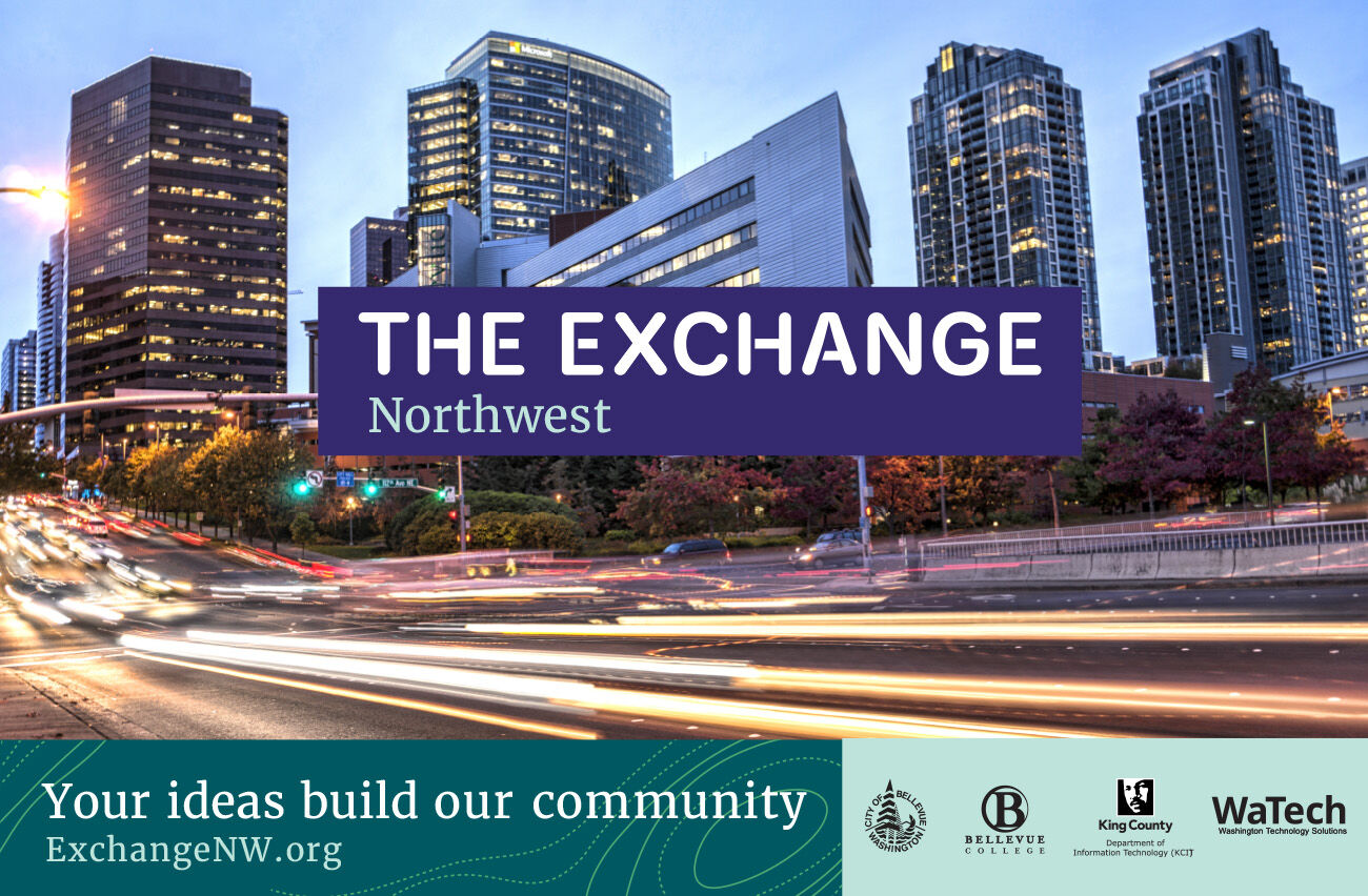 Image of Bellevue downtown street and skyline with text saying The Exchange Northwest - Your Ideas Build Our Community