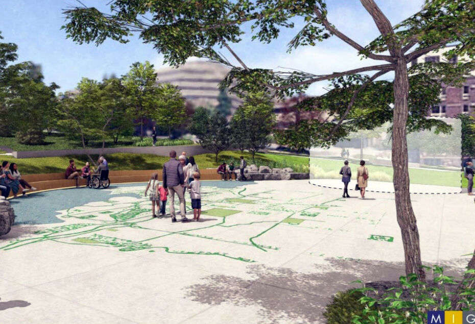 In a visualization created by MIG, people stand at a park, with a space marked where a monument would be.
