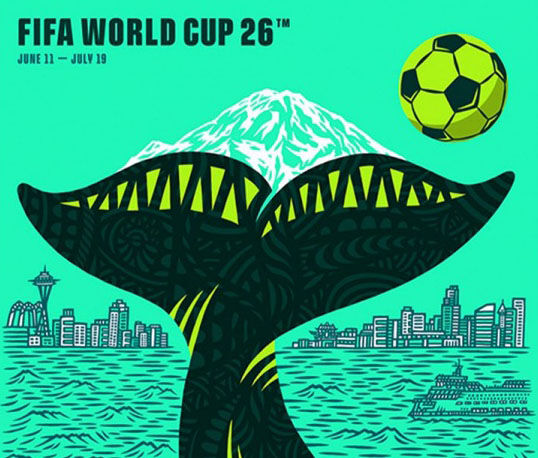 The Seattle World Cup poster by Shogo Ota is bright green, with Mount Rainier, a whale's fluke and a soccer ball in it.