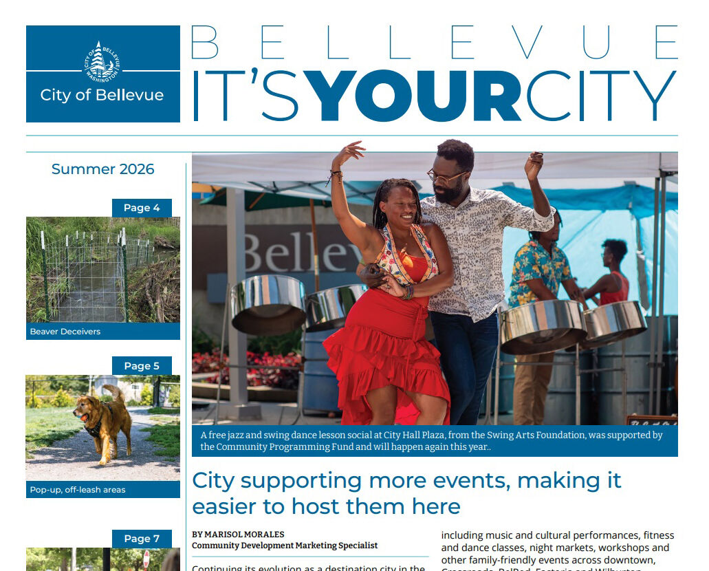 Front page of the newsletter, which shows a picture of a couple dancing at a city-supported event.