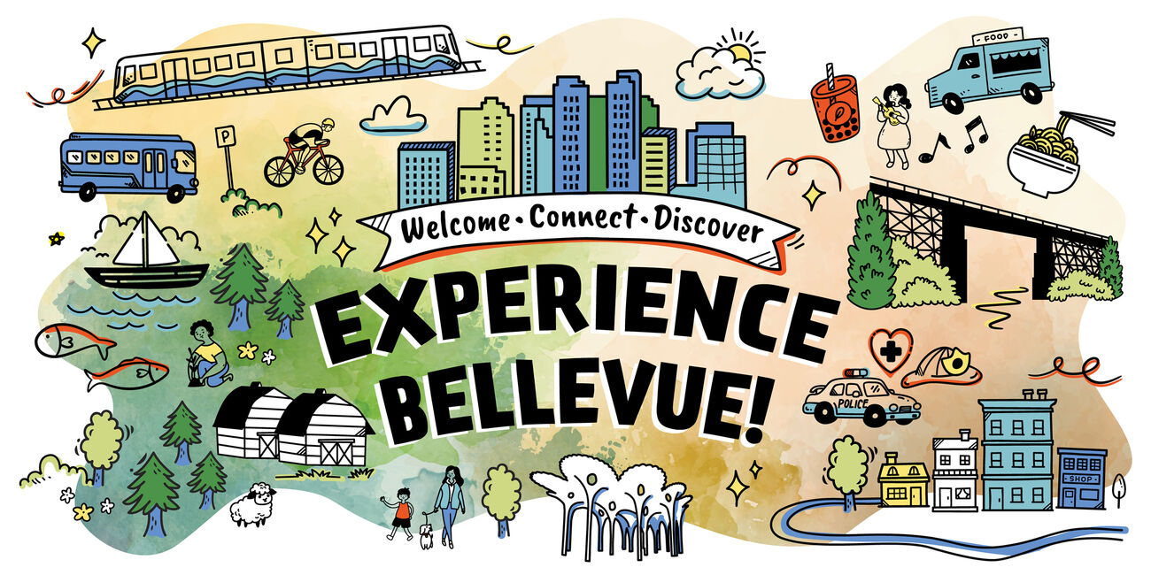 Collage of illustrations featuring Bellevue landmarks