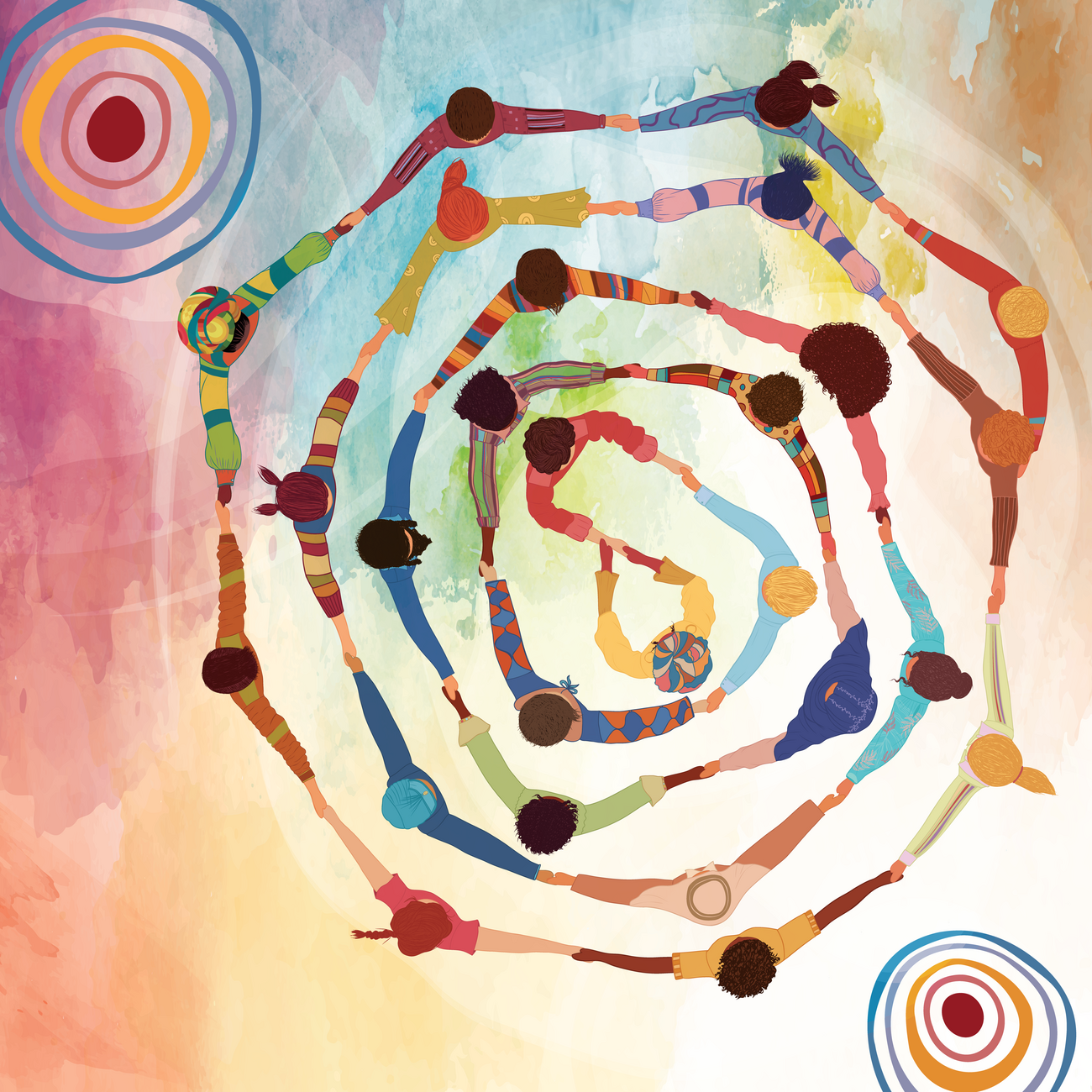 Illustration shows people holding hands in concentric circles.