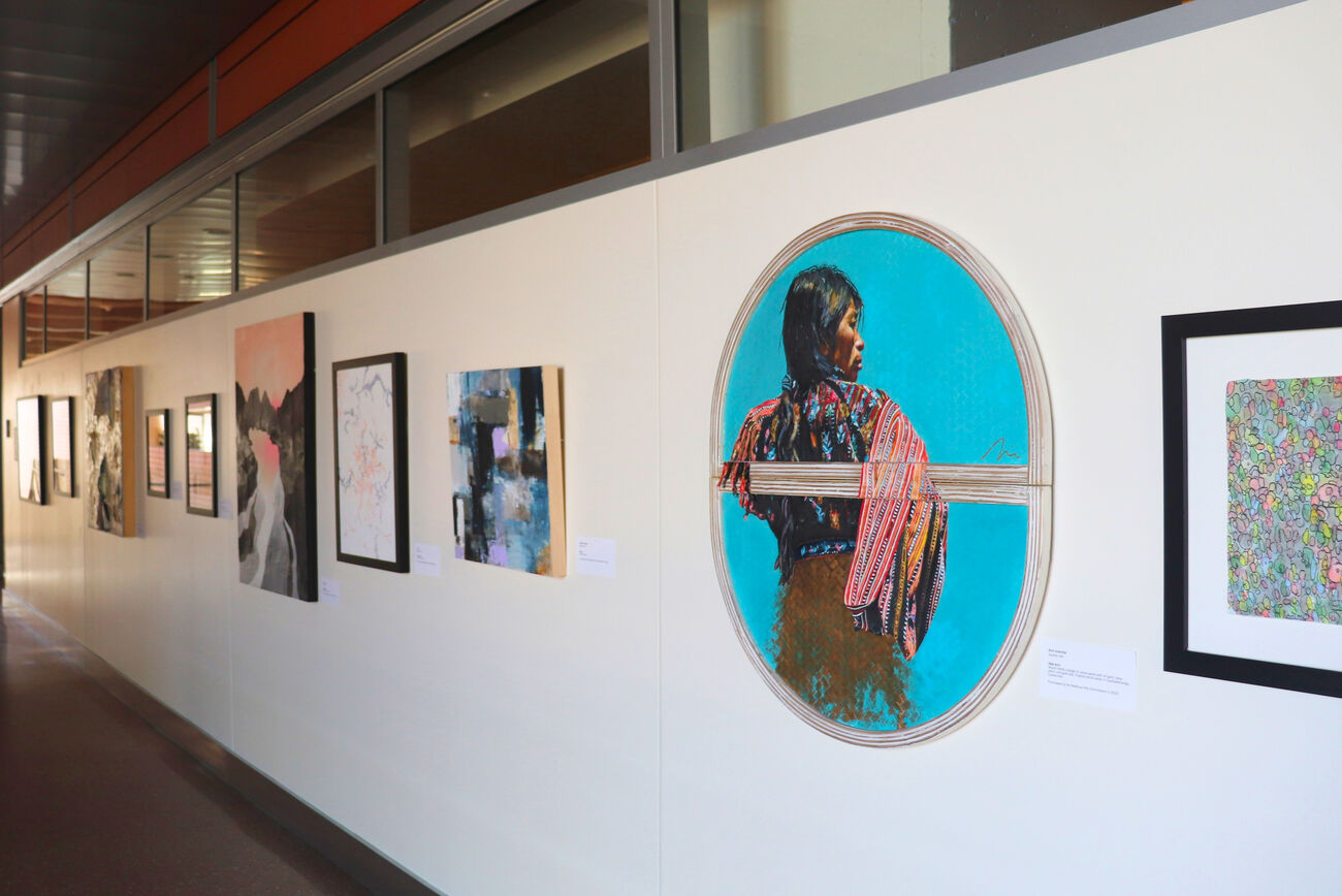 Public art, including "Xela Azul," a collage by Seattle artist Nico Inzerella, is displayed at City Hall.