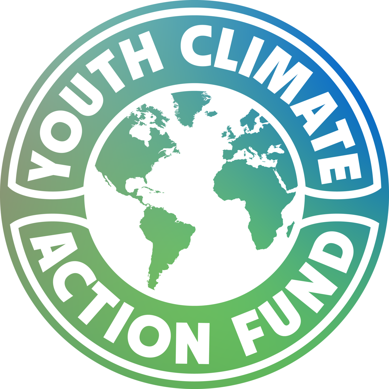 Graphic shows the world with the words "Youth Climate Action Fund" around it in blue and green.