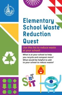 Decorative image of Elementary school waste reduction quest with cyclops earth and triangle shapes in red, olive, blue, purple and yellow. 