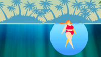Image of cartoon woman swimming in the blue ocean with palm trees in the background. 