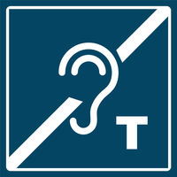 A symbol of an ear with a line drawn through and a capital T.