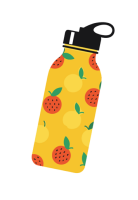 Yellow water bottle with black lid and fruit pattern