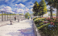 A watercolor-style illustration of a raised pedestrian pathway with sepated lanes for biking and walking. Lush green planters line the pedestrian path. 