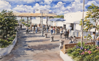A watercolor-style illustration of a raised pedestrian pathway lined with planters of greeery and benches. People are walking and gathering at a food or beverage cart. 