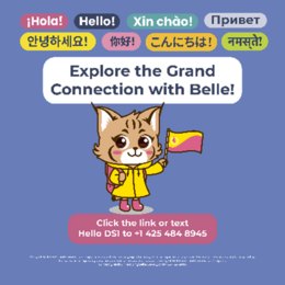 Belle the Bocat with the title, "Explore the Grand Connection with Belle" and text "hello" to 425-484-8495