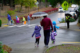 People are walking to school. In the foreground, an adult walks with a child, holding an umbrella over the two of them. In the distance, school crossing guards are helping people cross the street in a crosswalk.
