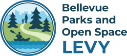 Illustration of people in a park that has a waterfront in foreground and city skyline in background. Text reads "Bellevue Parks and Open Space Levy"