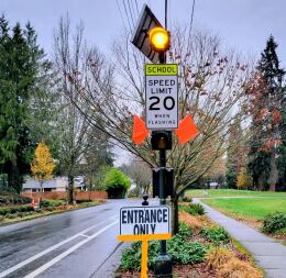 Image of connected flashing crosswalk beacon with flags