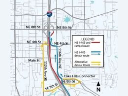I405 Detour Map for Oct 16-19 Northbound Closure from SE 8th Street to NE 4th Street. Detour to 116th Avenue NE