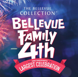 Sign with text that reads "Bellevue Family 4th Largest Celebration" on blue background with red and blue fireworks