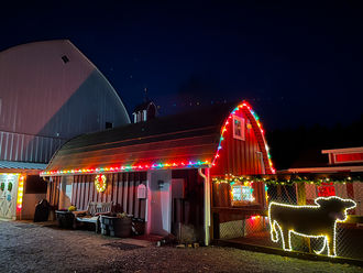 Image of barn, with multi-color string of lights around roof