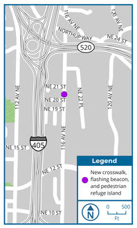 A map showing the location of a new crosswalking and flashing beacon on 116th Ave NE between NE 20 St and NE 21 ST