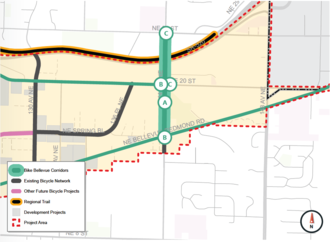 A map showing a proposed bike route along 140th Avenue NE