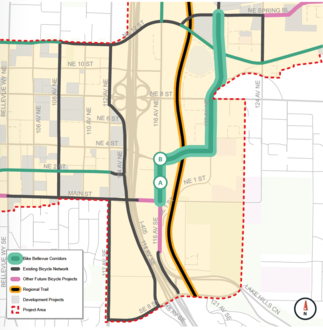 A map showing a proposed bike route in the Wilburton neighborhood.