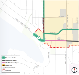 A map showing a proposed bike route along Lake Washington Boulevard.