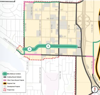 A map showing a proposed bike route along NE 2nd Street