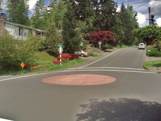 A photo of a Speed Mound treatment placed in the middle of a residential neighborhood intersection.