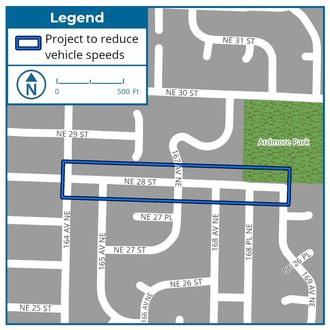 A map showing the extents of the traffic calming project on NE 28th Street between 164th Avenue NE and 169th Avenue NE