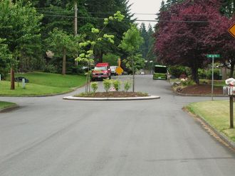 A photo of a landscaped traffic circle in the center of a residential neighborhood intersection.