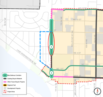 A map showing the location of Bike Bellevue corridor 8 and the Transportation Commission's recommendation along 98th Ave.