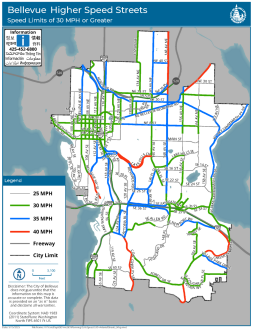 A map of Bellevue showing streets with speed limits of 30 mph or greater