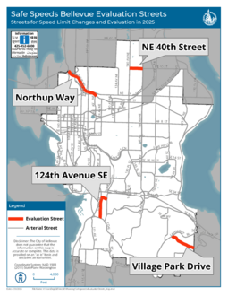 Safe Speeds Bellevue Evaluation Streets- Streets for Speed Limit Changes and Evaluation in 2025. Portions of NE 40th St, Northup Way, 124th Avenue SE, and Village Park Drive are highlighted.