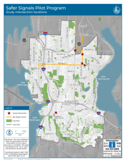 Map of Bellevue with 4 stars showing the project locations for the Safer Signals pilot