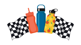 Black and white checkered flags with three water bottles in coral, blue, and yellow with fruit pattern