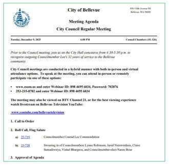 Image of a Bellevue City Council agenda, with information on how to access the meeting remotely and some agenda item headings