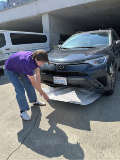 Image of person in purple shirt sliding a large piece of white paper under the front of a car to check for fluid drips or leaks.