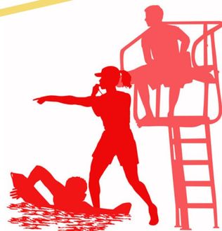red silhouette of three lifeguards 