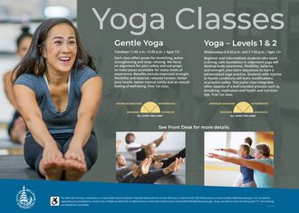 A flier for Yoga classes with text and three images of a woman and groups doing Yoga