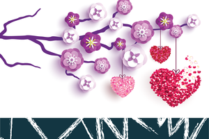 Cherry blossom illustration with hanging hearts made out of petals.