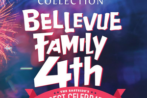 Sign with text that reads "Bellevue Family 4th Largest Celebration" on blue background with red and blue fireworks