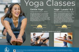 An image of a flier for Yoga Classes with text and three images of a woman and groups doing Yoga exercises
