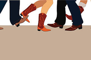 image of 6 pairs of cartoon legs, wearing boots, depicting line dancing