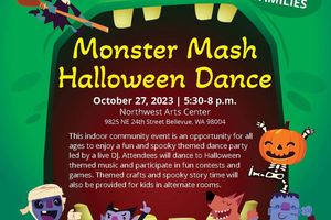 Monster Mash Halloween Dance flyer featuring dancing Halloween characters. 